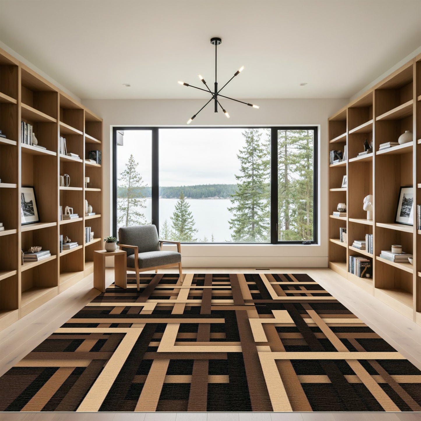Modern Brown Geometric Layered Block Rug