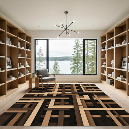 Modern Brown Geometric Layered Block Rug