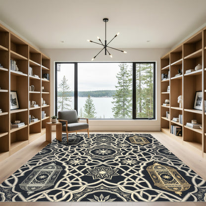 Elegant Gold Lantern Geometric Scroll Rug