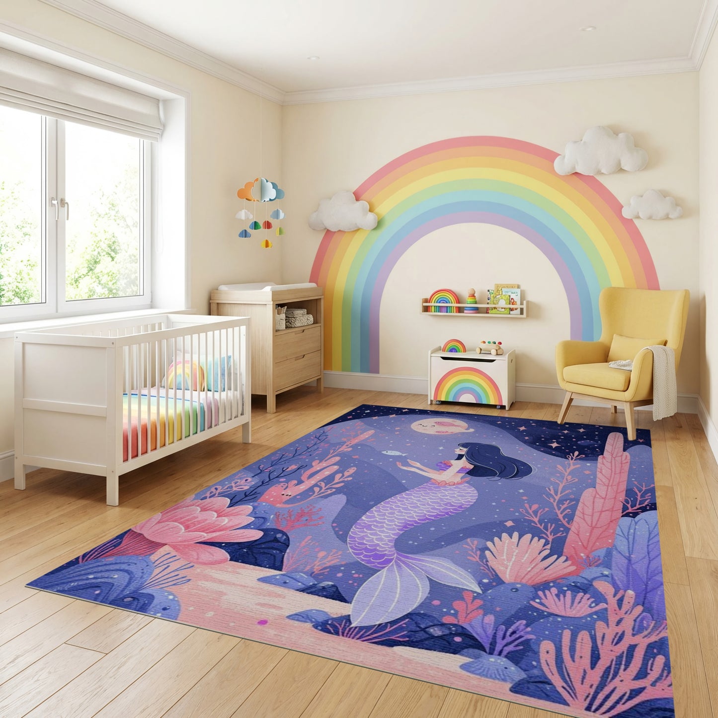 Whimsical Purple Mermaid Coral Stars Rug
