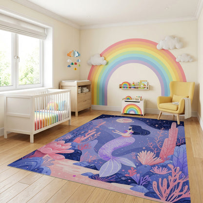 Whimsical Purple Mermaid Coral Stars Rug