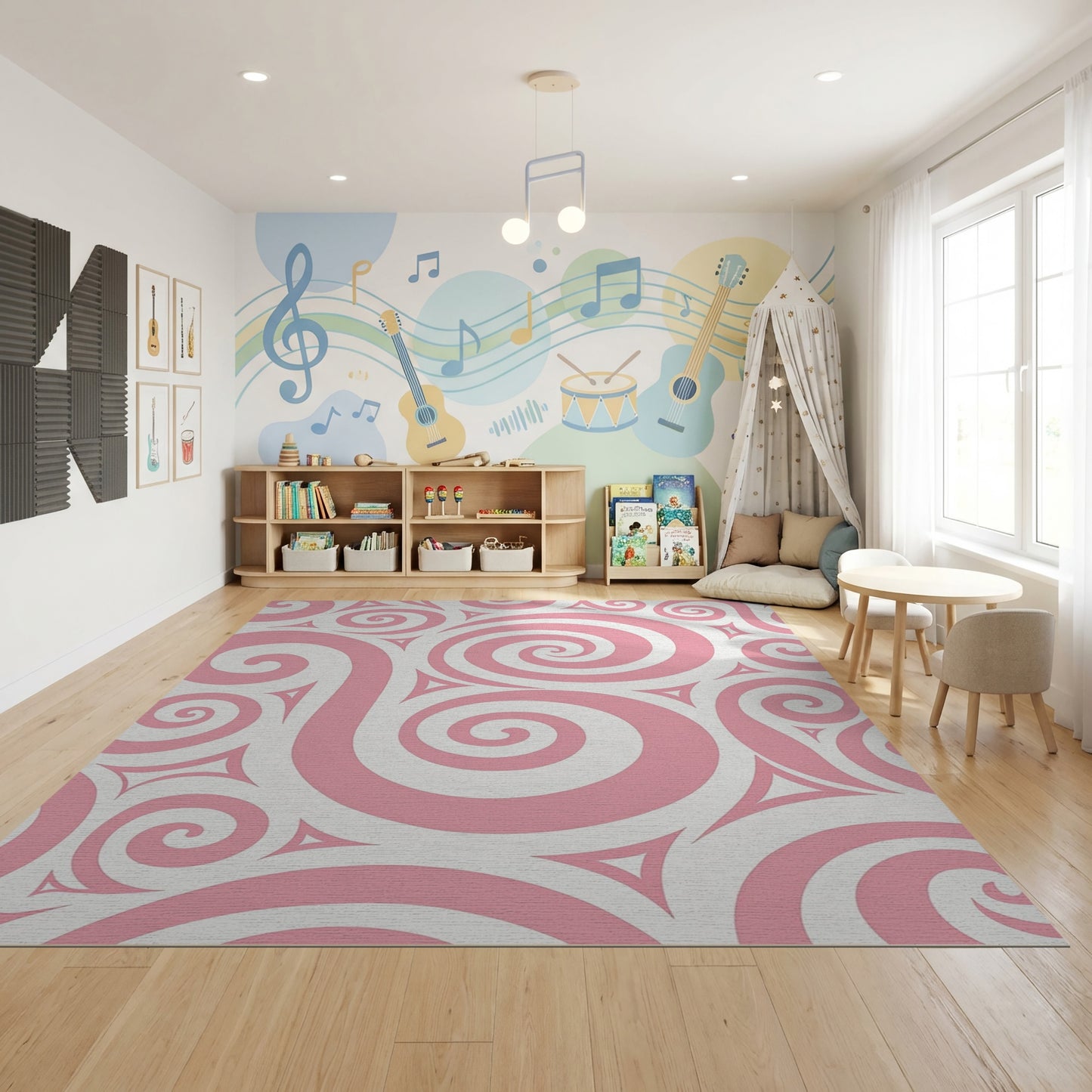Pink and White Swirling Spiral Rug