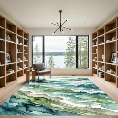 Serene Teal Coastal Ocean Wave Abstract Rug