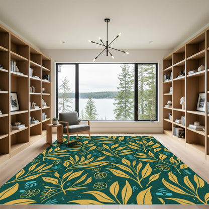 Golden Leafy Branches Teal Harmony Rug