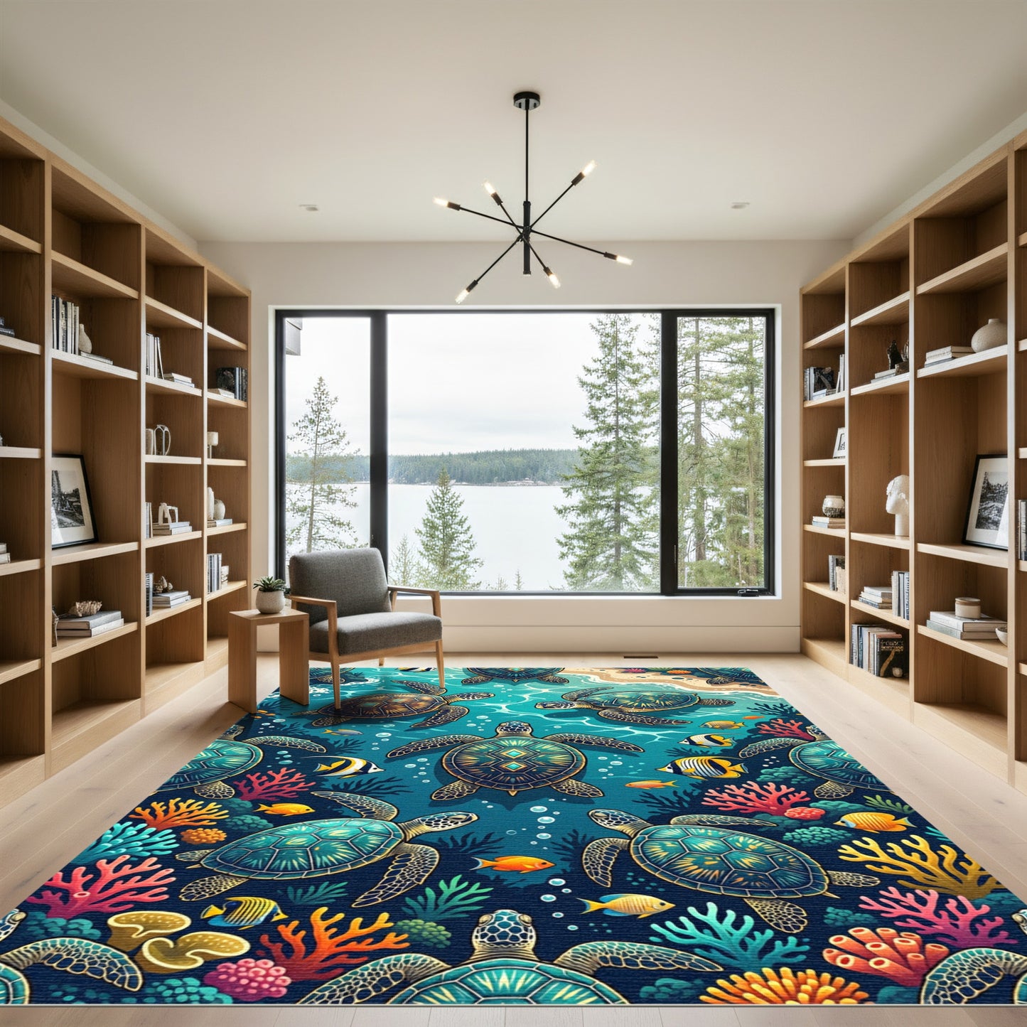 Vibrant Teal Sea Turtle Coral Reef Rug