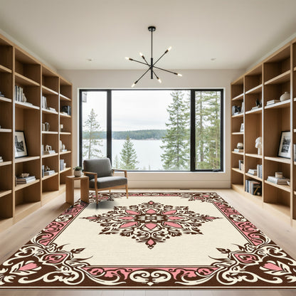 Vintage Pink Brown Floral Medallion Border Rug
