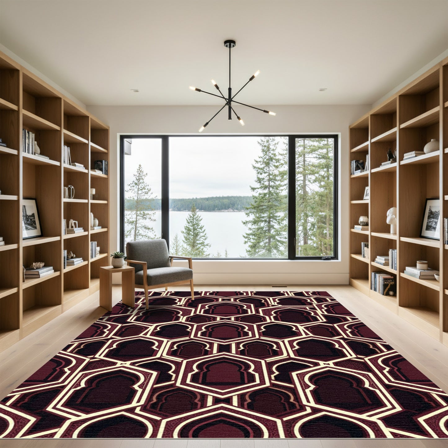 Maroon Archway Hexagon Geometric Composition Rug