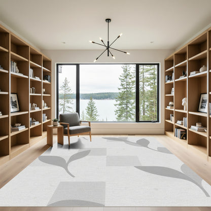 Soft Gray Leafy Squares Rug