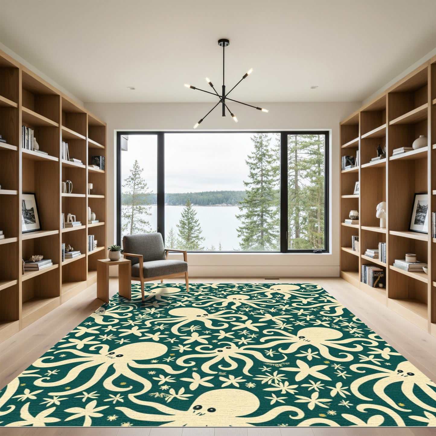 Cream Octopus Floral Teal Rug
