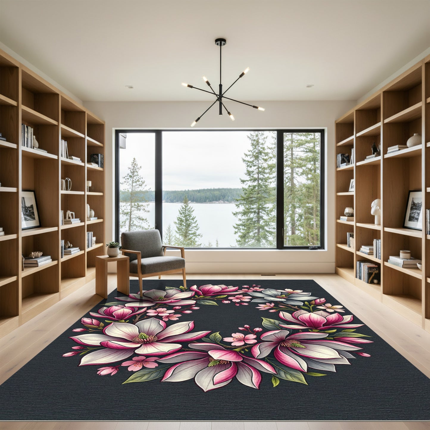 Elegant Pink Magnolia Floral Wreath Rug
