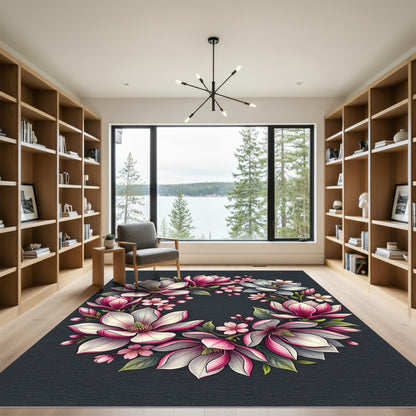 Elegant Pink Magnolia Floral Wreath Rug