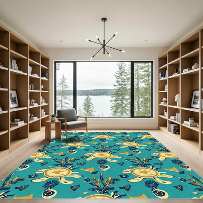 Yellow Turtle Teal Floral Medallion Rug