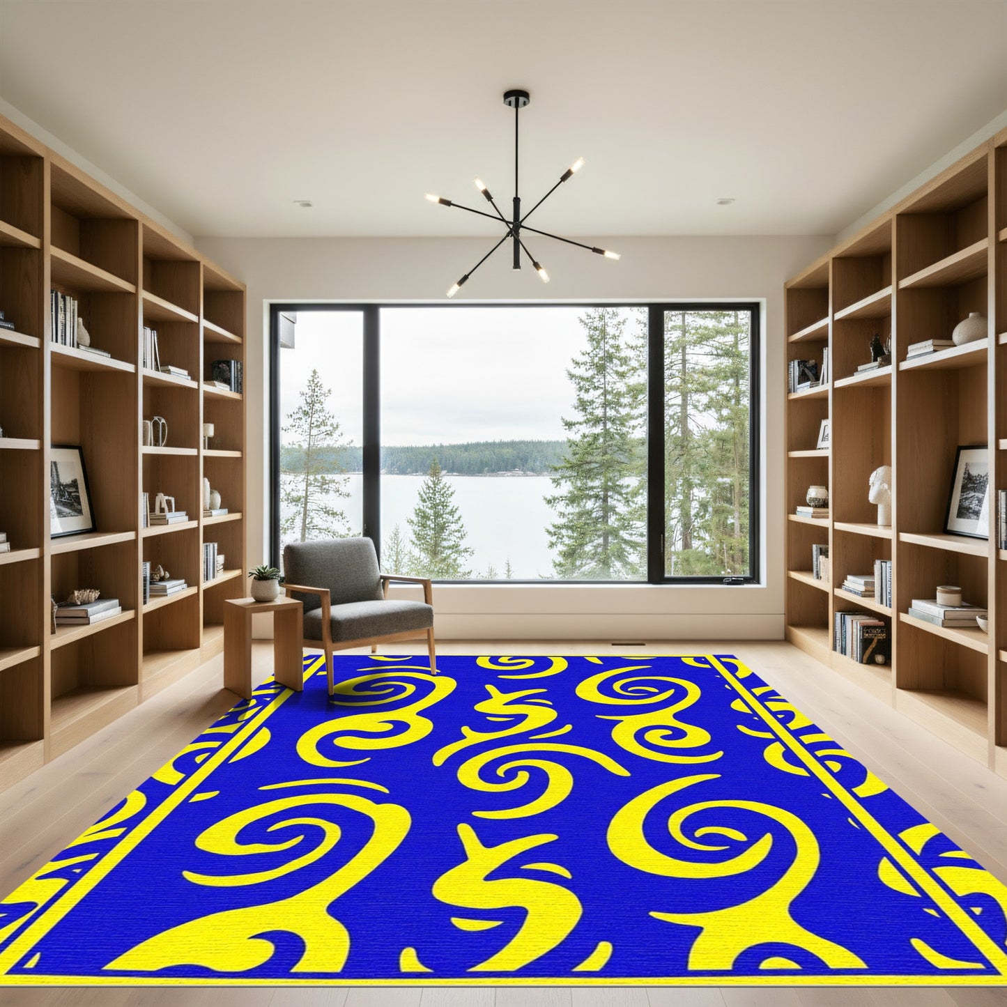 Vibrant yellow swirls on blue backdrop Rug