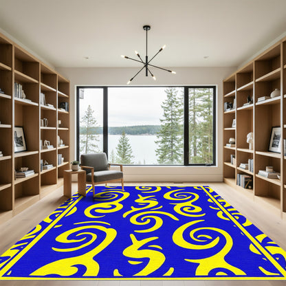 Vibrant yellow swirls on blue backdrop Rug