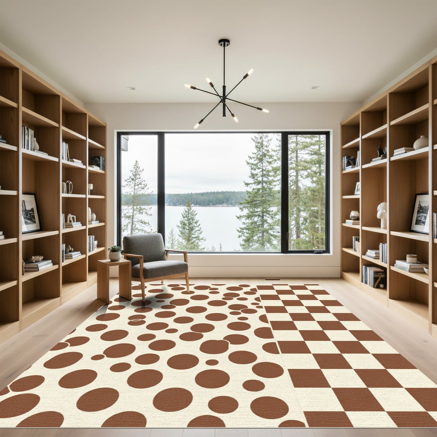 Brown Circles Cream Checkerboard Composition Rug