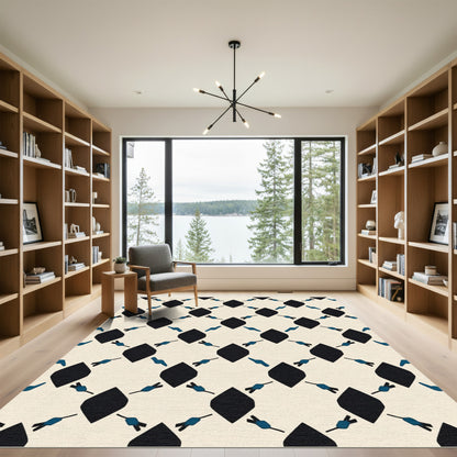 Cream Black Blue Diamond Lattice Rug
