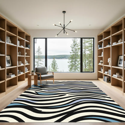 Abstract Black White Blue Wave Rug