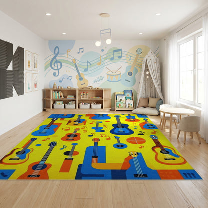 Vibrant Blue Orange Guitars Notes Rug