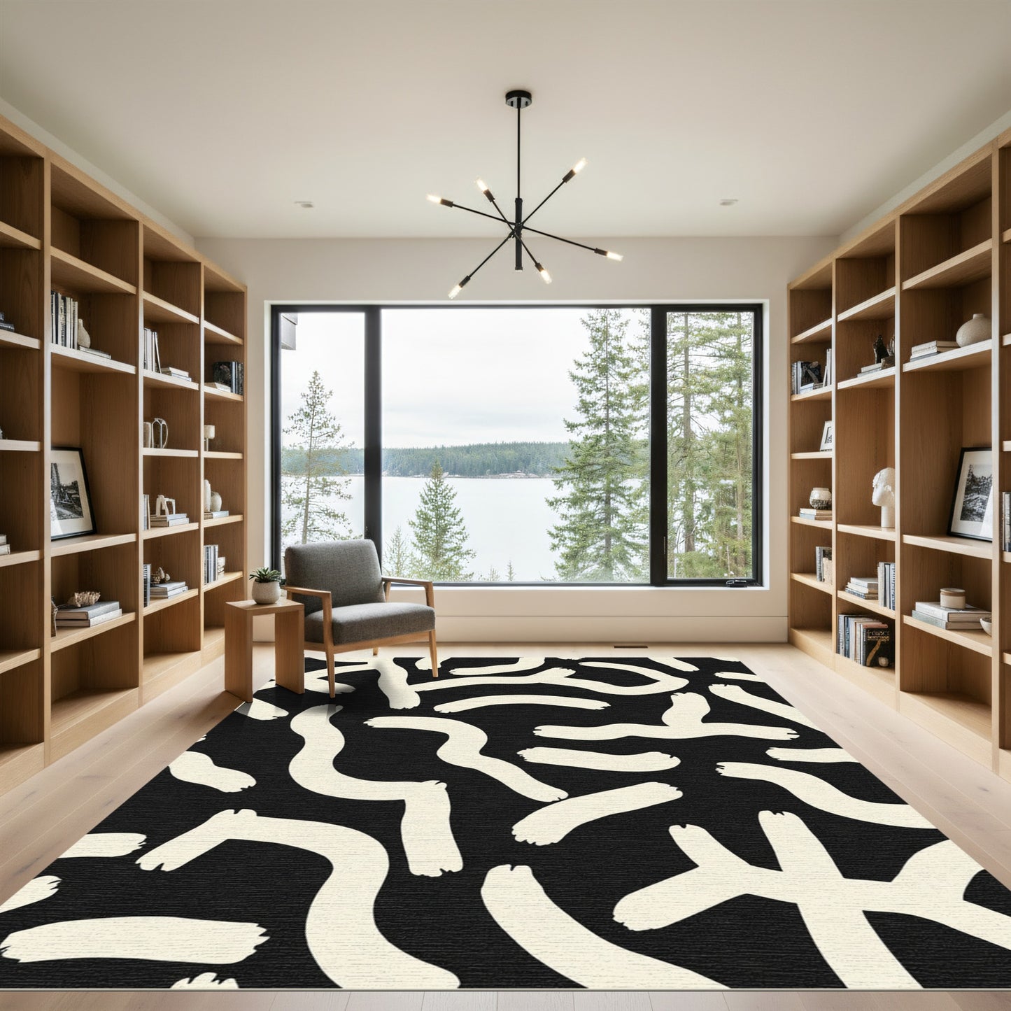 Black Cream Brushstroke Abstract Rug