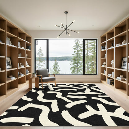 Black Cream Brushstroke Abstract Rug