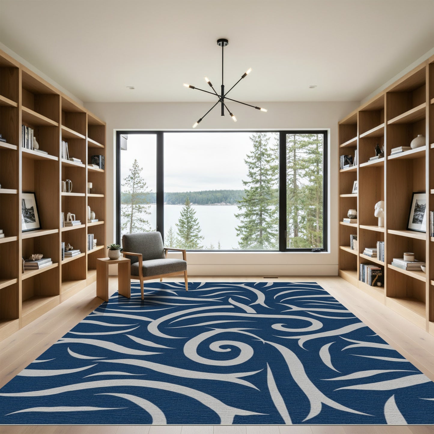 Deep Blue Swirling Organic Lines Rug