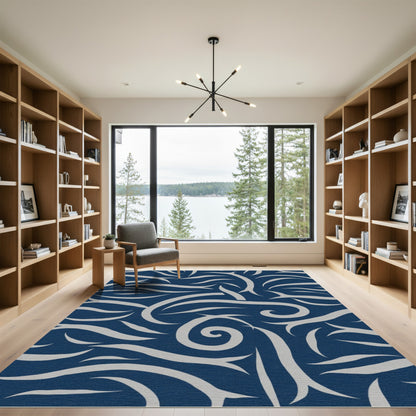 Deep Blue Swirling Organic Lines Rug