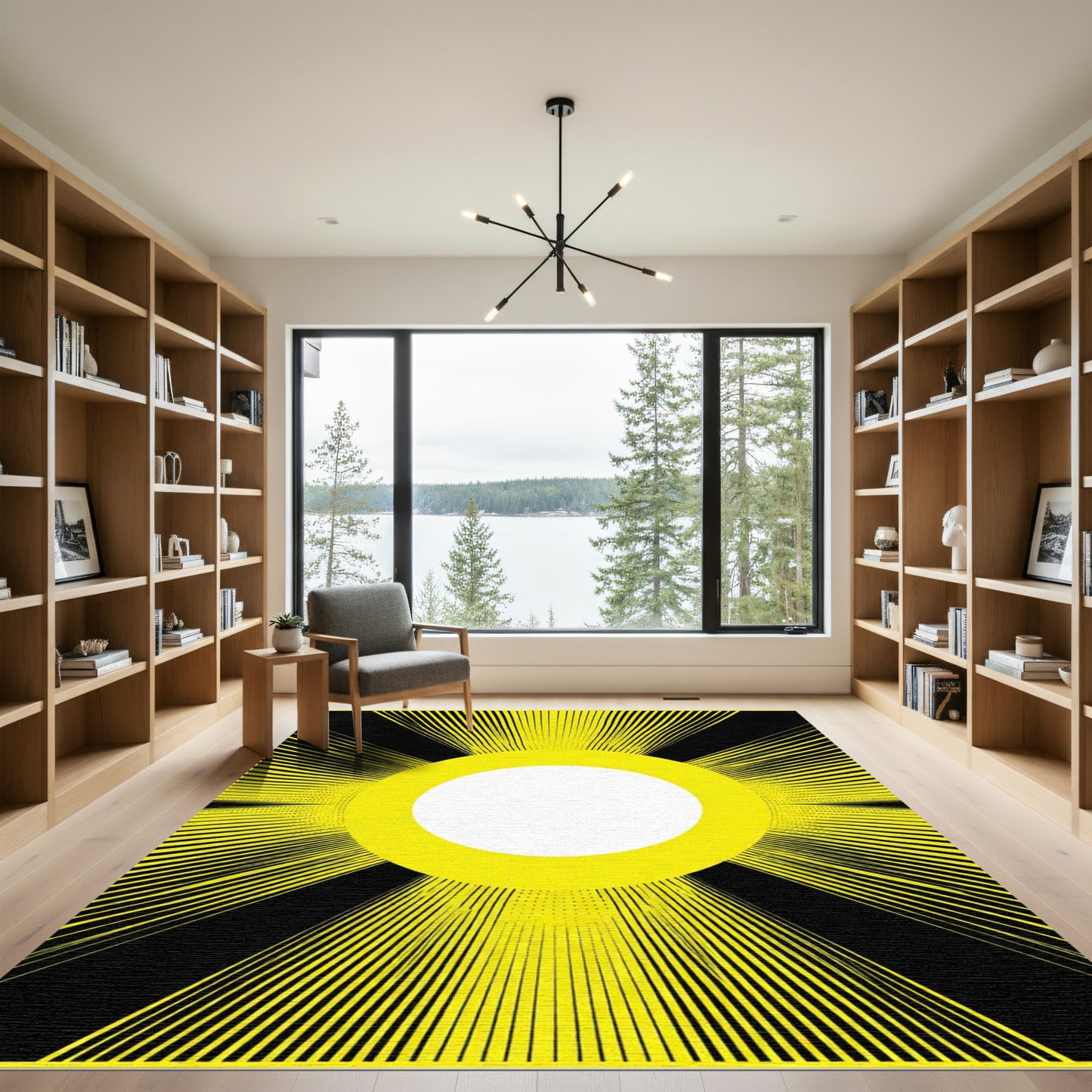 Radiant Yellow Sunburst Black Rug