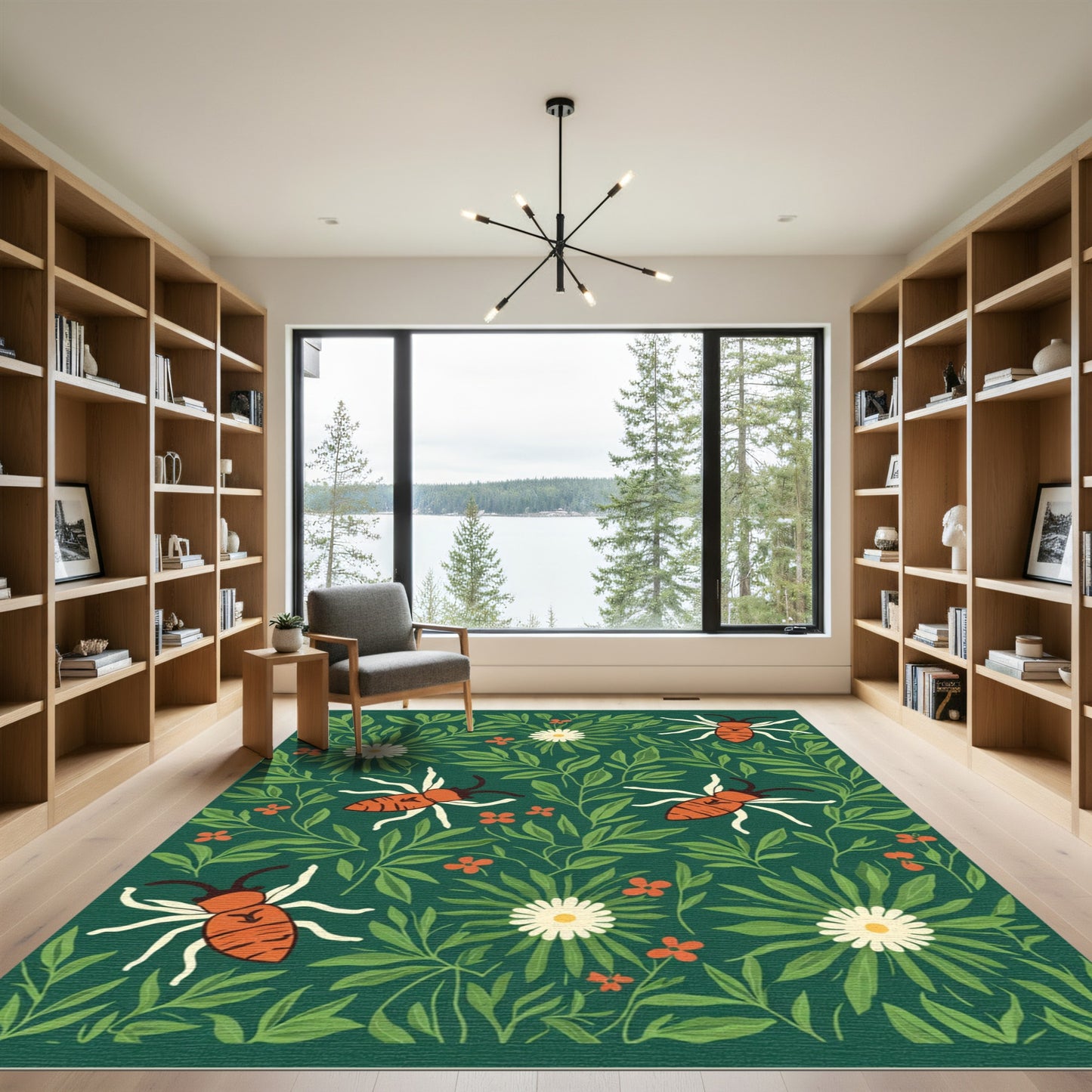 Orange Beetle Green Foliage Floral Rug