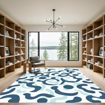 Teal White Abstract Organic Swirl Rug
