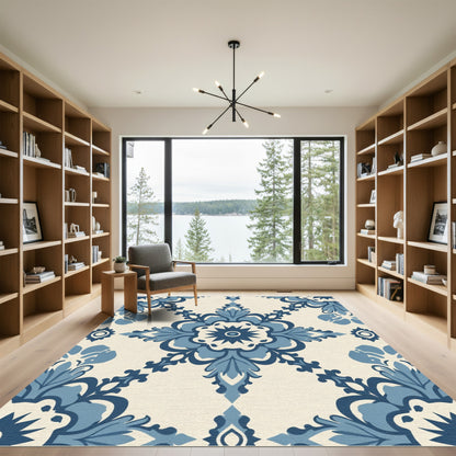 Blue Ivory Damask Floral Medallion Rug
