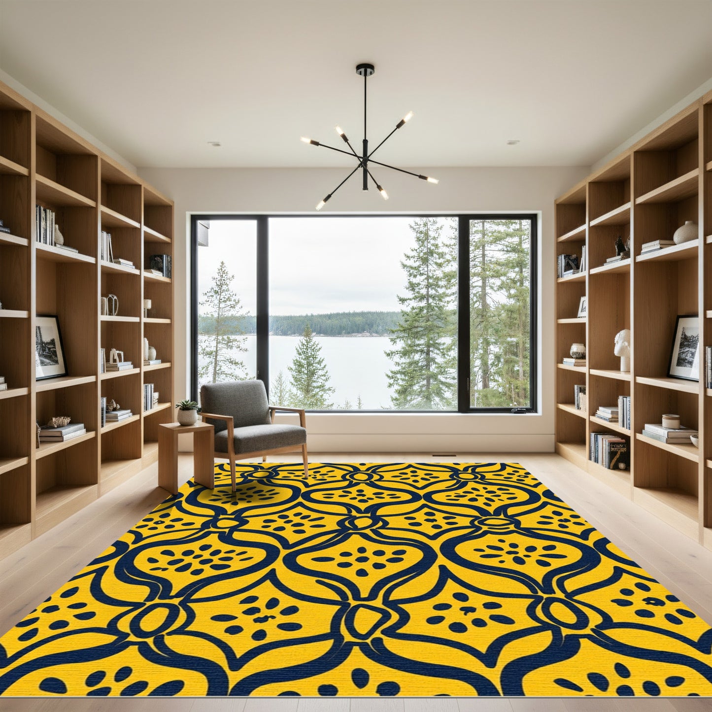 Yellow Navy Curving Medallion Floral Rug