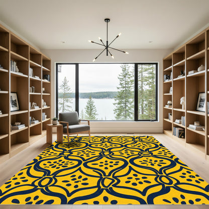 Yellow Navy Curving Medallion Floral Rug