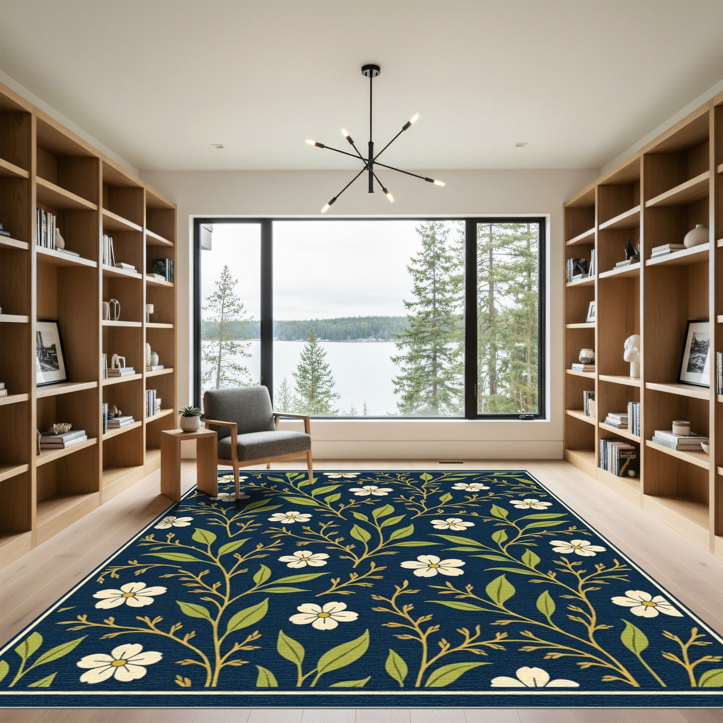 Dark Blue Vintage Floral Branch Rug