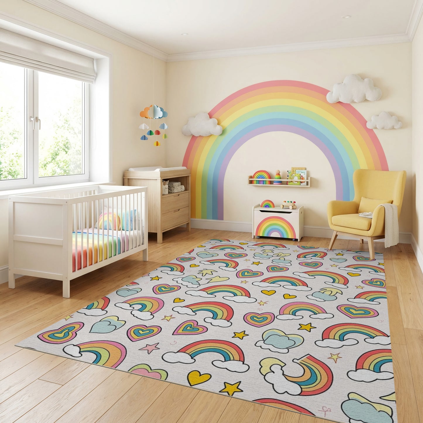 Whimsical Rainbow Hearts Stars Clouds Rug
