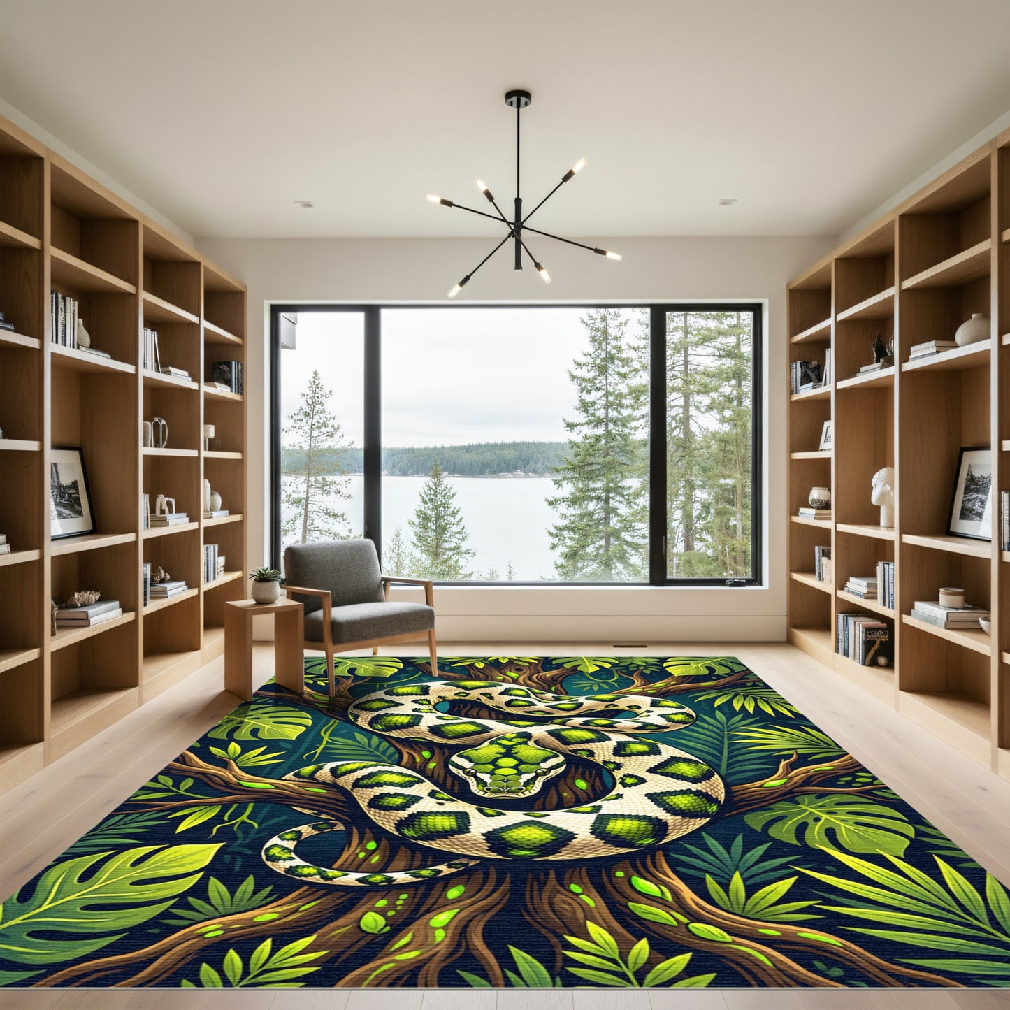 Vibrant Green Snake Jungle Scene Rug