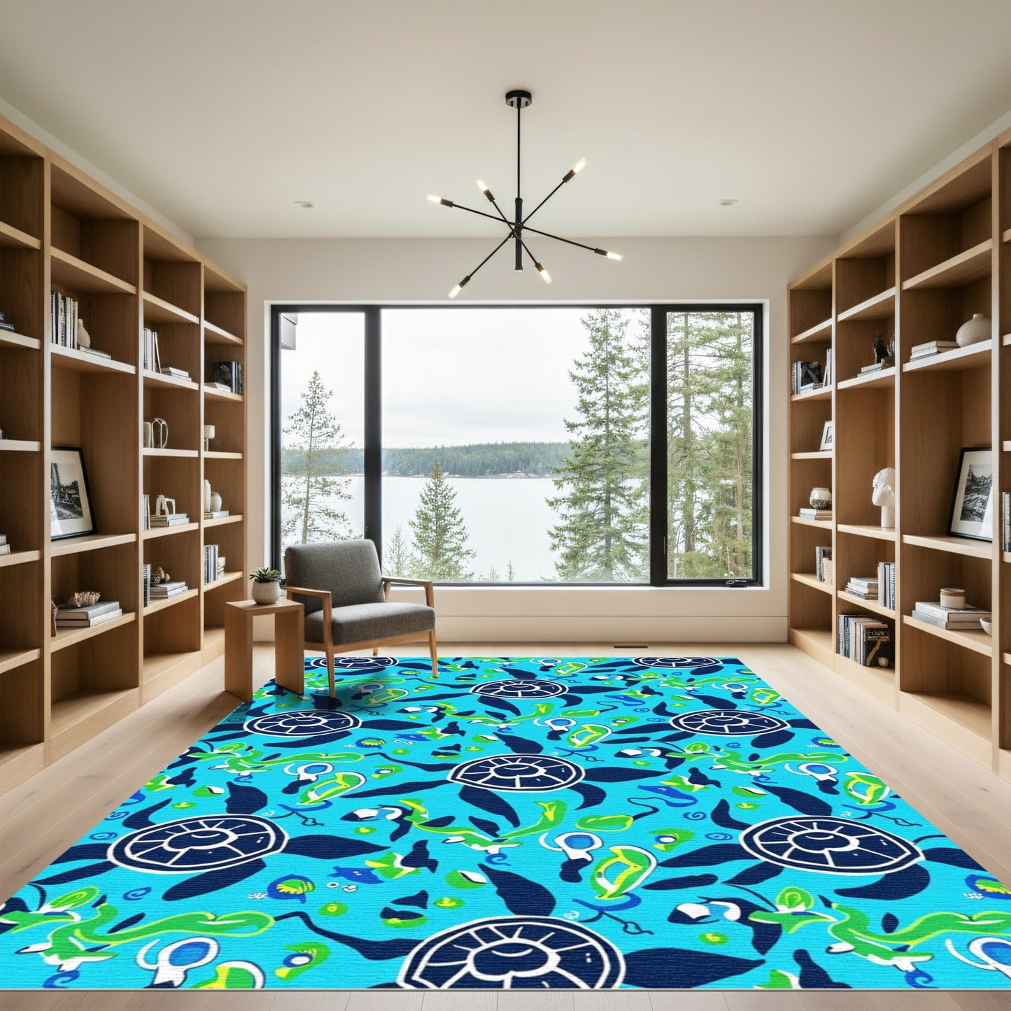 Bright Blue Sea Turtle Aquatic Collage Rug
