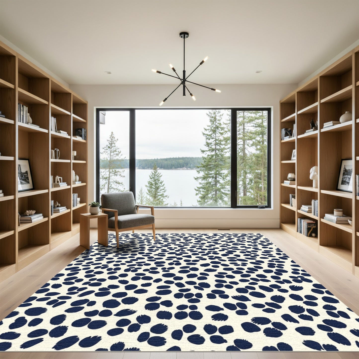 Navy Impressionistic Spots Cream Background Rug