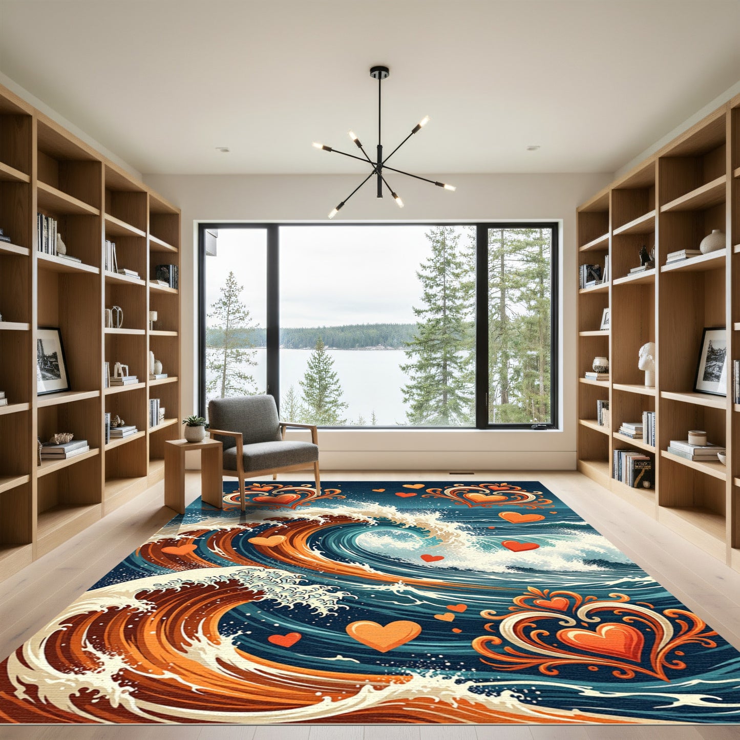 Coral Heart Swirl Ocean Waves Rug