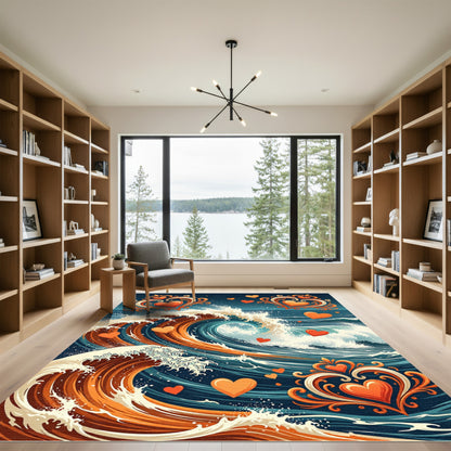Coral Heart Swirl Ocean Waves Rug