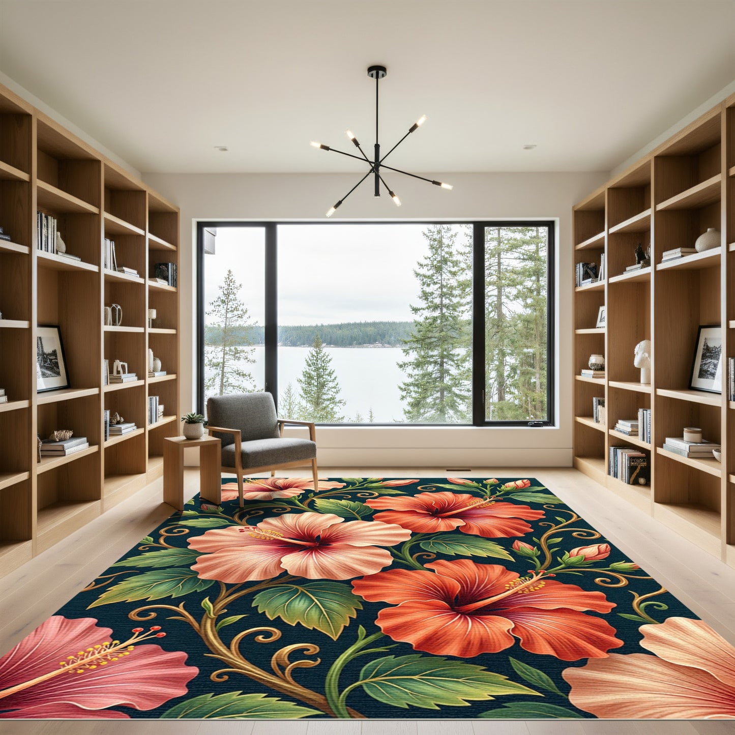Coral Peach Hibiscus Tropical Swirls Rug