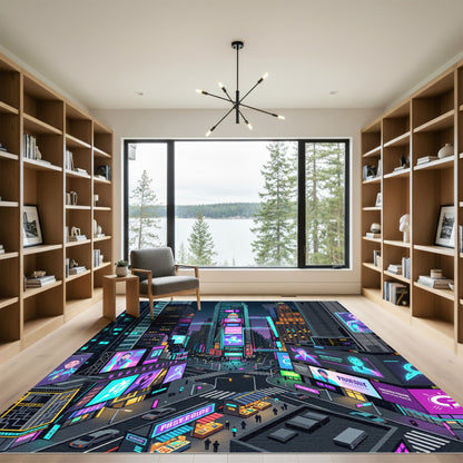 Futuristic Neon Cyber City Grid Skyline Rug