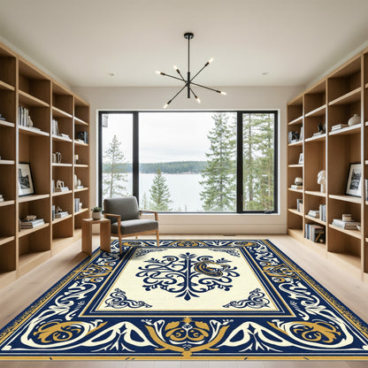Navy Gold Lion Crest Border Rug