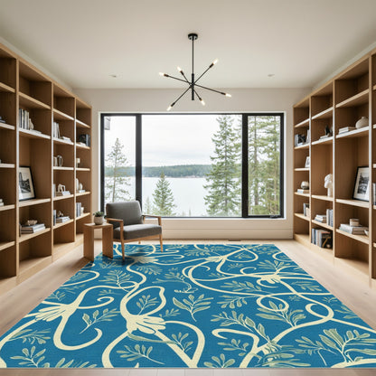 Navy Blue Botanical Vine Scrolls Rug