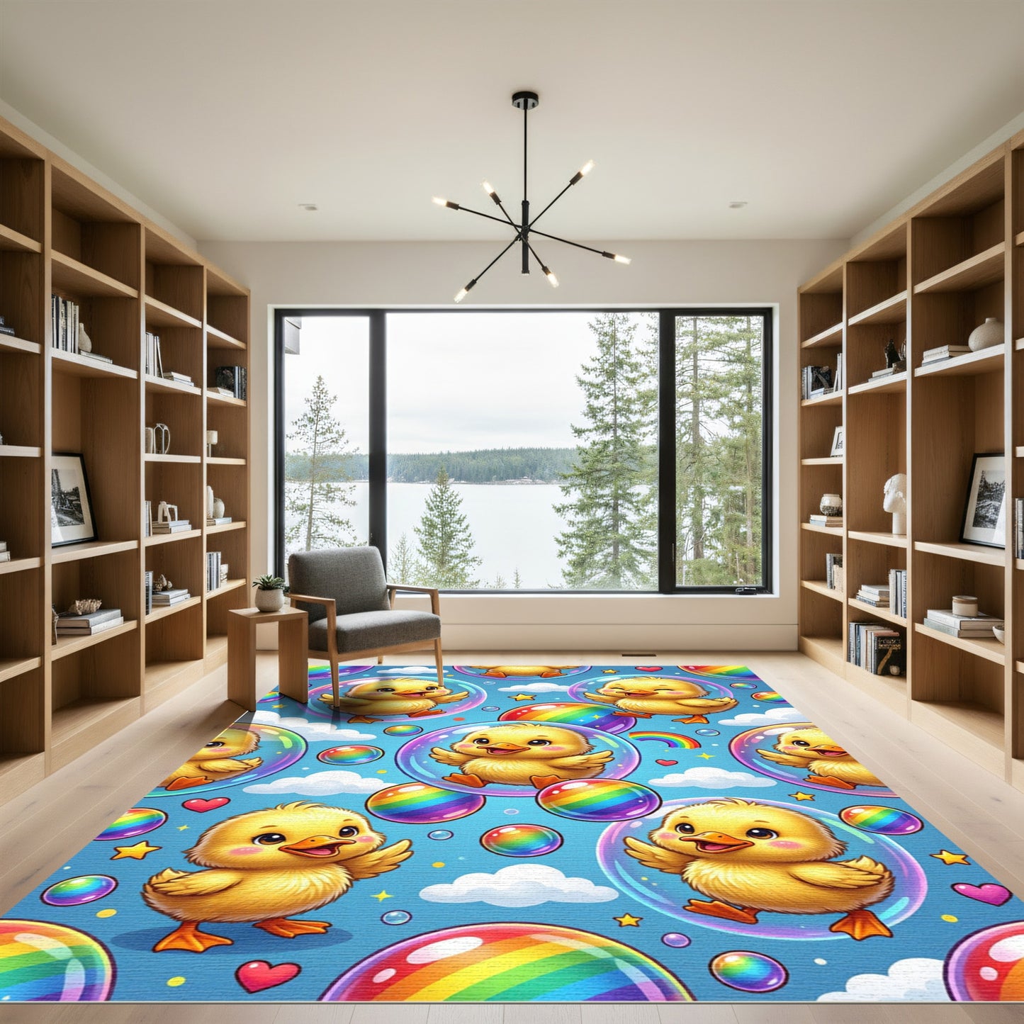 Whimsical Golden Ducklings with Rainbow Bubbles Rug