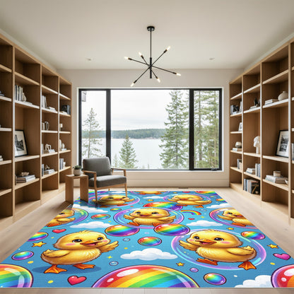 Whimsical Golden Ducklings with Rainbow Bubbles Rug