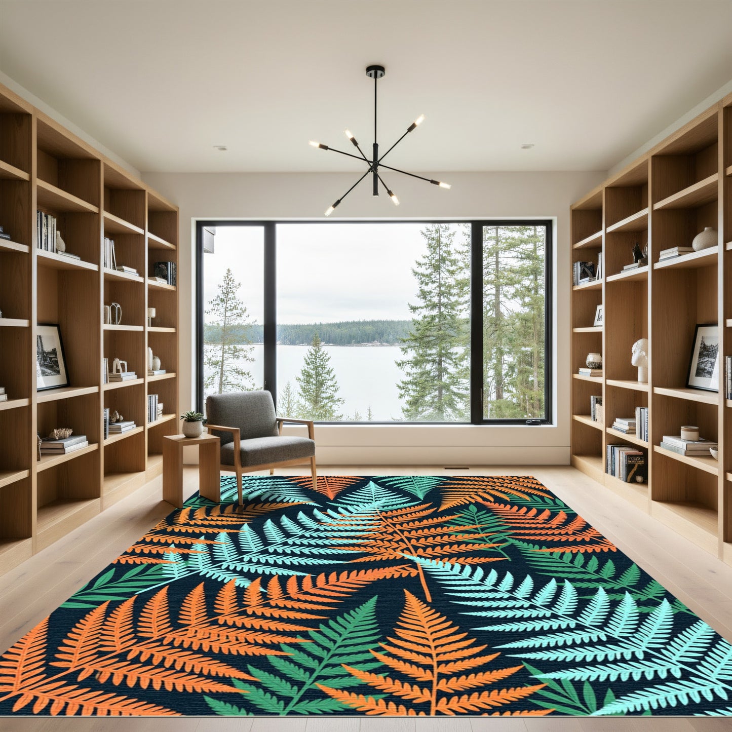 Orange Mint Green Fern Foliage Rug