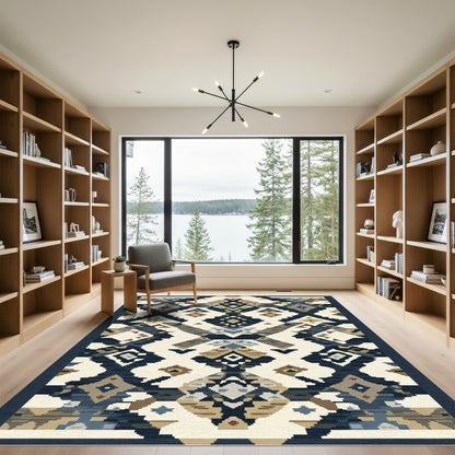 Abstract Geometric Tribal Cream Blue Rug