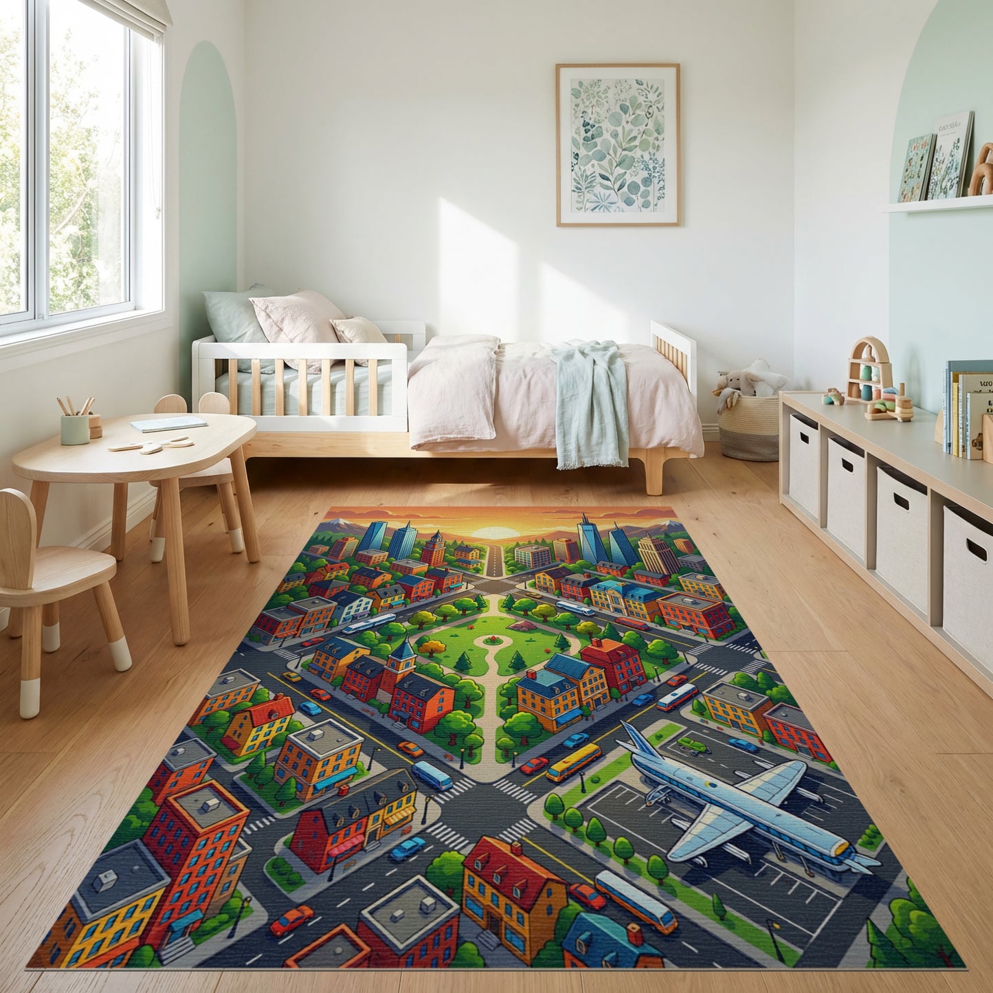 Vibrant Sunset Cityscape Warm Tones Rug