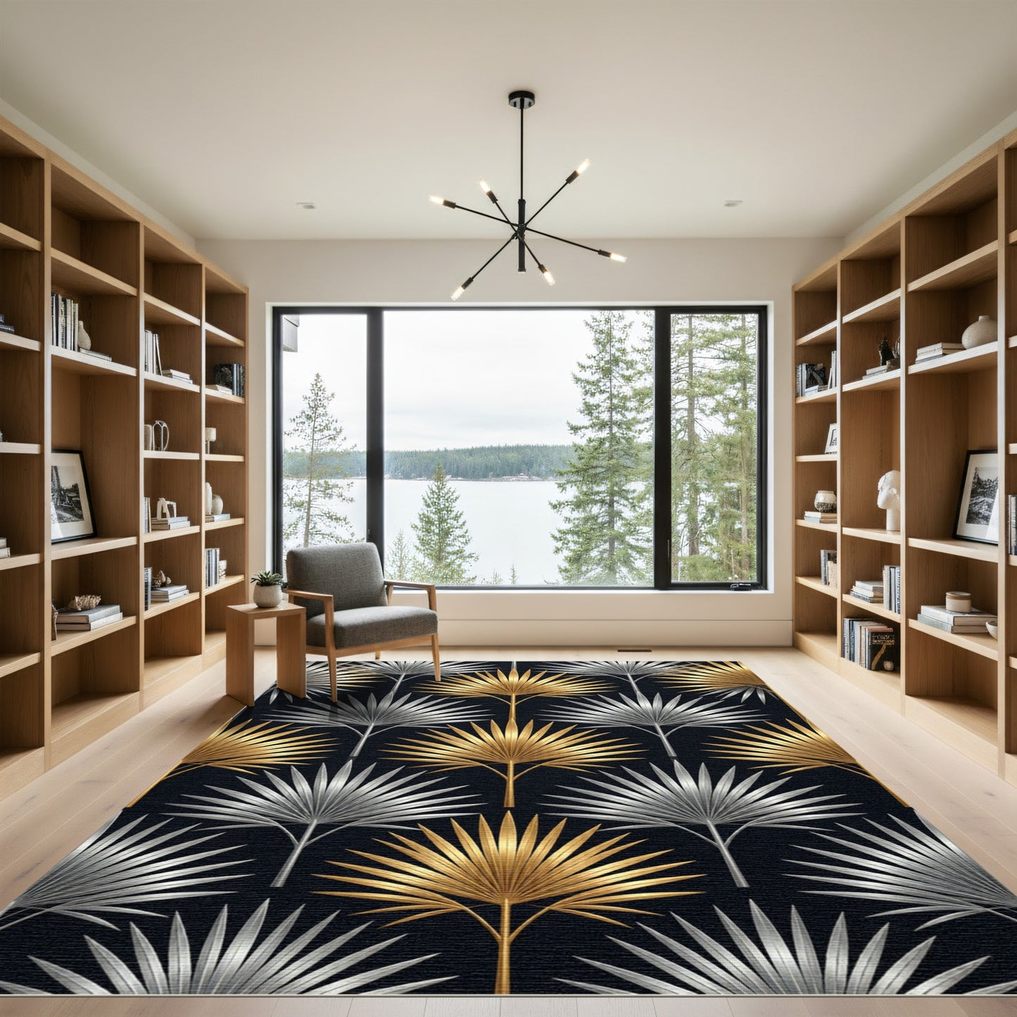 Vibrant Gold Silver Palm Frond Rug
