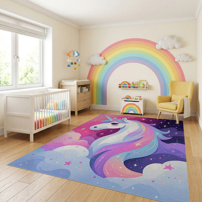 Whimsical Unicorn Stars Rainbow Clouds Rug